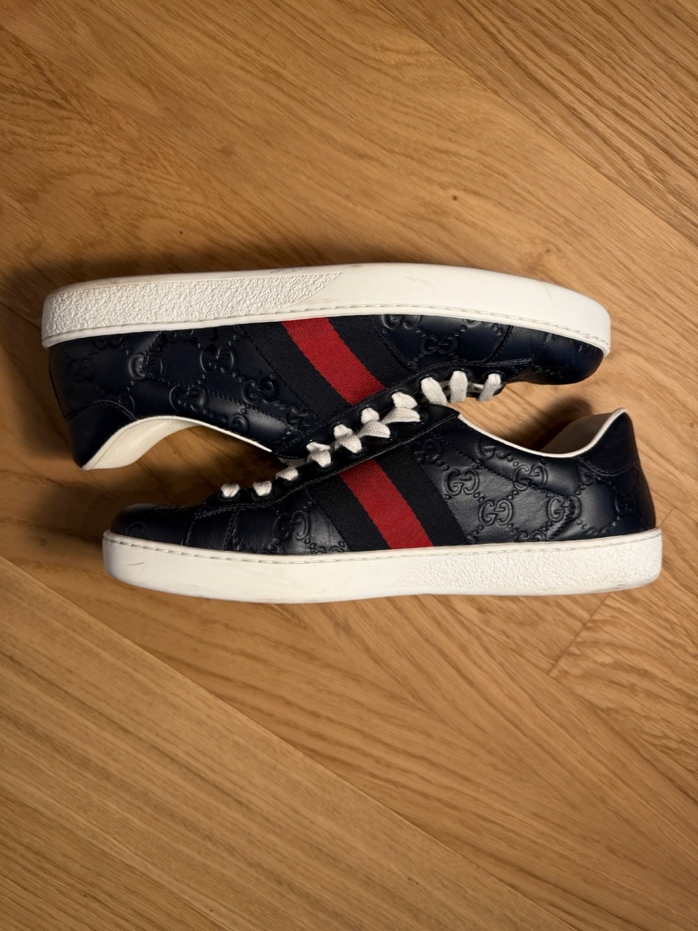 Gucci Navy Leather Men's Sneaker with Red and Blue Web - Picture 2 of 9